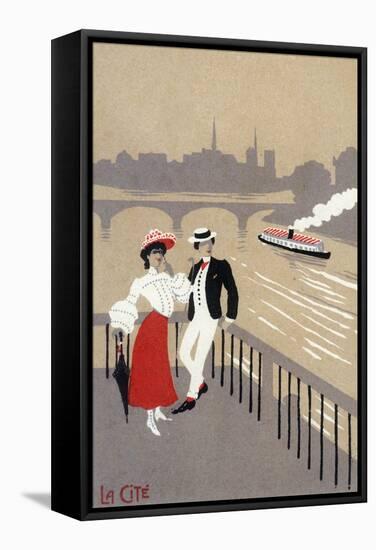 La Cite Art Deco Scene of Couple Watching Riverboat - Paris, France-Lantern Press-Framed Stretched Canvas