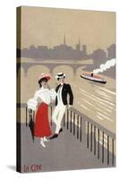 La Cite Art Deco Scene of Couple Watching Riverboat - Paris, France-Lantern Press-Stretched Canvas