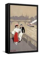 La Cite Art Deco Scene of Couple Watching Riverboat - Paris, France-Lantern Press-Framed Stretched Canvas