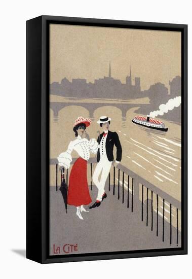 La Cite Art Deco Scene of Couple Watching Riverboat - Paris, France-Lantern Press-Framed Stretched Canvas