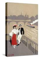 La Cite Art Deco Scene of Couple Watching Riverboat - Paris, France-Lantern Press-Stretched Canvas