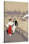 La Cite Art Deco Scene of Couple Watching Riverboat - Paris, France-Lantern Press-Stretched Canvas