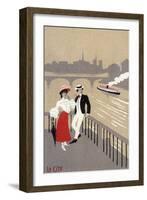 La Cite Art Deco Scene of Couple Watching Riverboat - Paris, France-Lantern Press-Framed Art Print