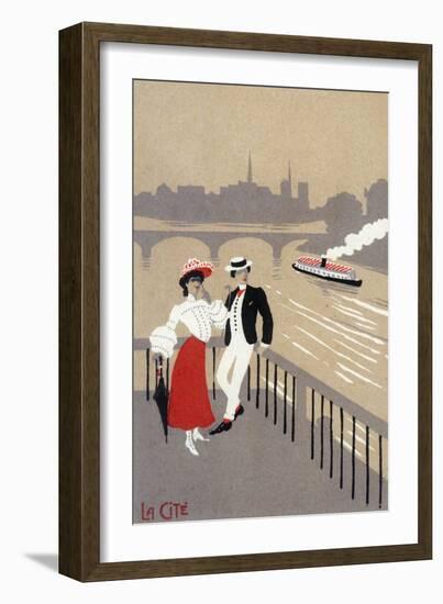 La Cite Art Deco Scene of Couple Watching Riverboat - Paris, France-Lantern Press-Framed Art Print