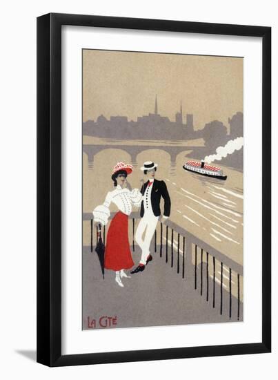 La Cite Art Deco Scene of Couple Watching Riverboat - Paris, France-Lantern Press-Framed Art Print