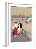 La Cite Art Deco Scene of Couple Watching Riverboat - Paris, France-Lantern Press-Framed Art Print