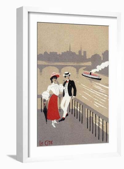 La Cite Art Deco Scene of Couple Watching Riverboat - Paris, France-Lantern Press-Framed Art Print