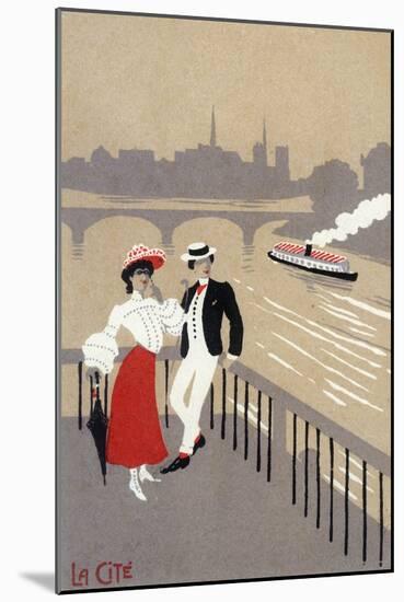 La Cite Art Deco Scene of Couple Watching Riverboat - Paris, France-Lantern Press-Mounted Art Print