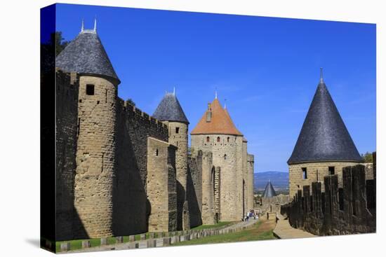 La Cite, battlements and spiky turrets, Les Lices, Carcassonne, UNESCO World Heritage Site, France-Eleanor Scriven-Stretched Canvas