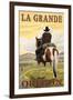 La Grande, Oregon - Cowboy on Bluff-Lantern Press-Framed Art Print