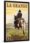 La Grande, Oregon - Cowboy on Bluff-Lantern Press-Framed Art Print