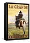 La Grande, Oregon - Cowboy on Bluff-Lantern Press-Framed Stretched Canvas