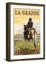 La Grande, Oregon - Cowboy on Bluff-Lantern Press-Framed Art Print