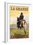 La Grande, Oregon - Cowboy on Bluff-Lantern Press-Framed Art Print
