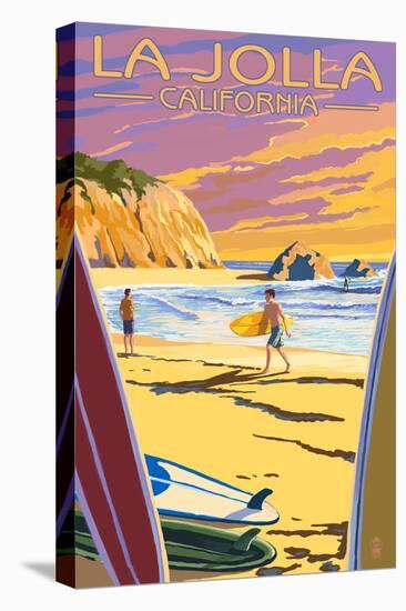 La Jolla, California - Beach and Surfers-Lantern Press-Stretched Canvas