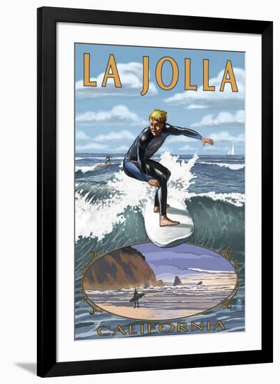 La Jolla, California - Surfer with Inset-Lantern Press-Framed Art Print