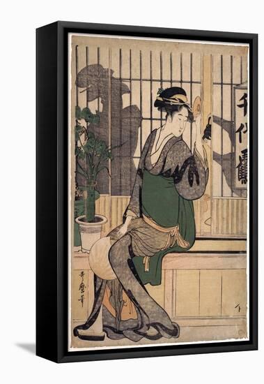 La Maison De the Chiyozuru (Ombres Sur Le Shoji, Paroi De Papier) - the Chiyozuru Teahouse (Shadows-Kitagawa Utamaro-Framed Stretched Canvas
