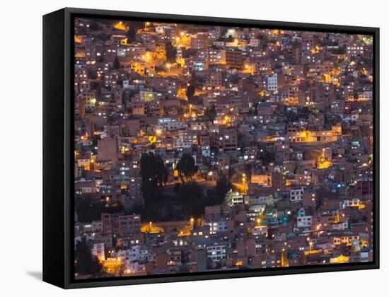 La Paz at Dusk with Patchwork Lit Up Buildings-Alex Saberi-Framed Stretched Canvas