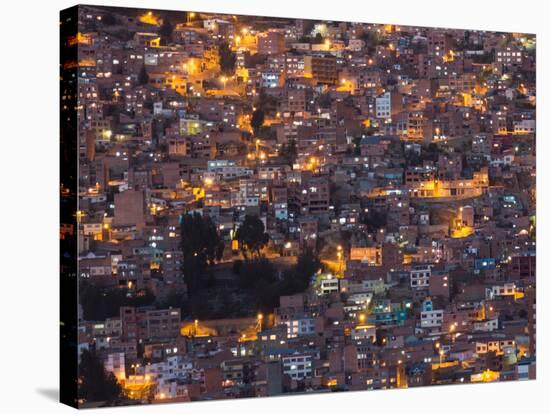 La Paz at Dusk with Patchwork Lit Up Buildings-Alex Saberi-Stretched Canvas