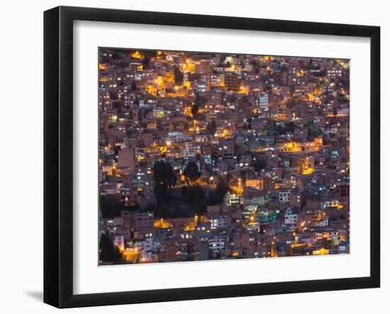 La Paz at Dusk with Patchwork Lit Up Buildings-Alex Saberi-Framed Premium Photographic Print