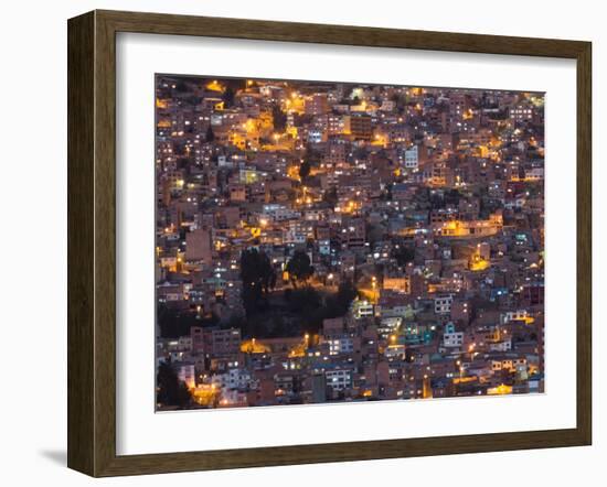 La Paz at Dusk with Patchwork Lit Up Buildings-Alex Saberi-Framed Photographic Print