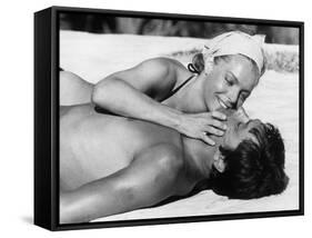 La piscine by Jacques Deray with Alain Delon and Romy Schneider, 1969 (b/w photo)-null-Framed Stretched Canvas