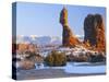 La Sal Mountains, Balanced Rock at Sunset, Arches National Park, Utah, USA-Scott T. Smith-Stretched Canvas