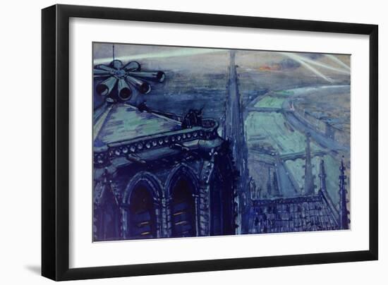 La sirène de Notre-Dame et les projecteurs sur Paris en 1918-Maurice Busset-Framed Giclee Print