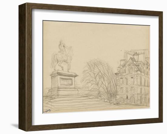 La statue équestre d'Henri IV (le cheval de bronze) et une des deux maisons de la place Dauphine-null-Framed Giclee Print