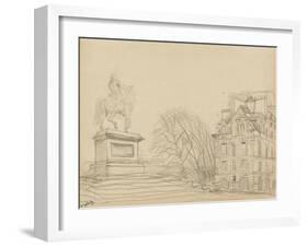 La statue équestre d'Henri IV (le cheval de bronze) et une des deux maisons de la place Dauphine-null-Framed Giclee Print