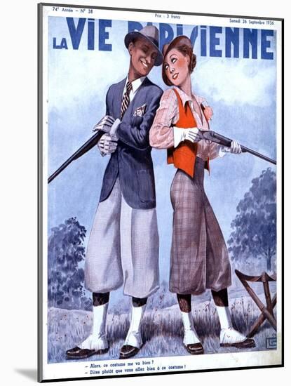 La Vie Parisienne, Couples Shooting Guns Hunting Magazine, France, 1936-null-Mounted Giclee Print