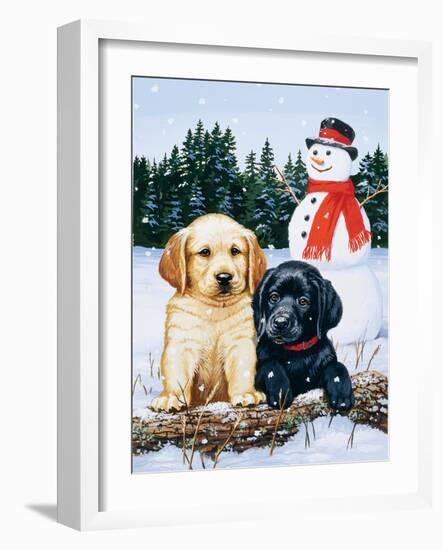 Lab Puppies with Snowman-William Vanderdasson-Framed Giclee Print