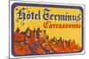 Label, Carcassonne Hotel-null-Mounted Art Print