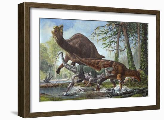 Labocania Attacking a Magnapaulia Dinosaur-null-Framed Art Print