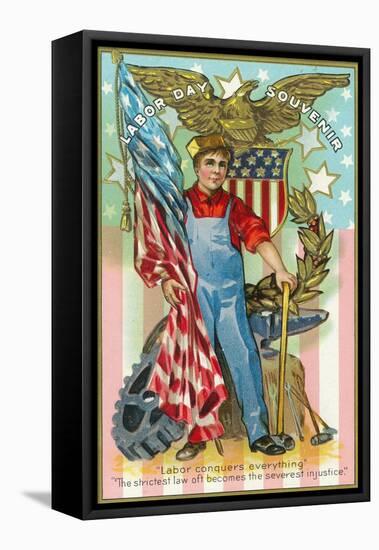 Labor Day Souvenir Labor Holding US Flag and Sledgehammer-Lantern Press-Framed Stretched Canvas