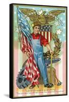 Labor Day Souvenir Labor Holding US Flag and Sledgehammer-Lantern Press-Framed Stretched Canvas