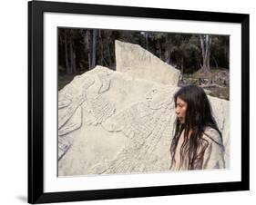 Lacandon Indian from Bonampak in Front of Mayan Stele, Mexico, North America-Robert Cundy-Framed Photographic Print