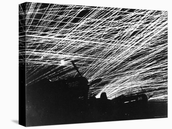 Lacework of Anti Aircraft Fire by Marine Defenders of Yontan Airfield Illuminates Skies During WWII-T^ Chorlest-Stretched Canvas