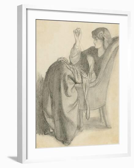 Lachesis: Study of Jane Morris Seated in a Chair Sewing, 1860s-Dante Gabriel Charles Rossetti-Framed Giclee Print