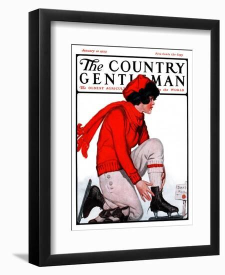 "Lacing Her Skates," Country Gentleman Cover, January 10, 1925-Remington Schuyler-Framed Premium Giclee Print