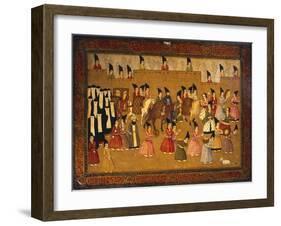 Lacquered Cardboard Book Cover Depicting Travelers Arriving at Caravanserai-null-Framed Giclee Print