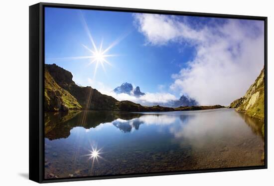 Lacs Des Cheserys with Clouds Surrounding Aiguille Vert, Haute Savoie, France, September 2008-Frank Krahmer-Framed Stretched Canvas