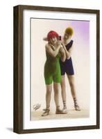 Ladies in Blue and Green Bathing Suits-null-Framed Art Print