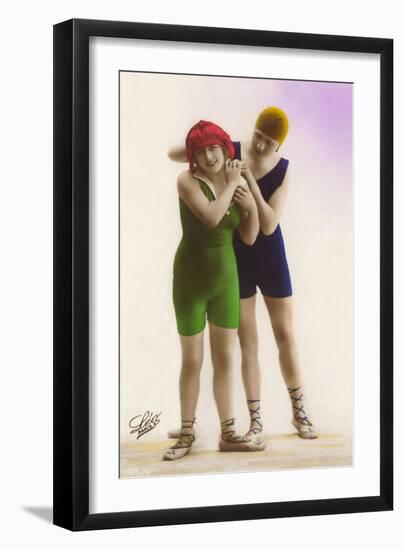 Ladies in Blue and Green Bathing Suits-null-Framed Art Print