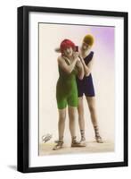 Ladies in Blue and Green Bathing Suits-null-Framed Art Print