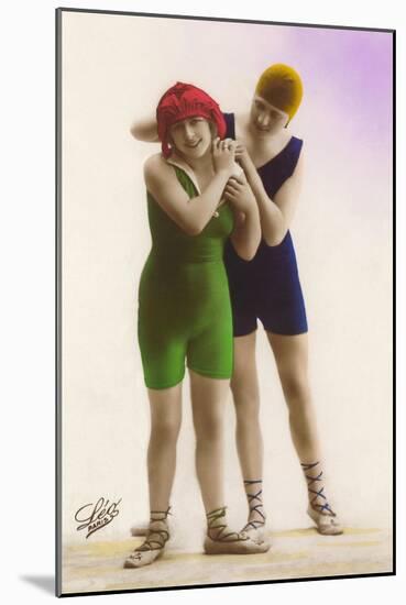 Ladies in Blue and Green Bathing Suits-null-Mounted Art Print