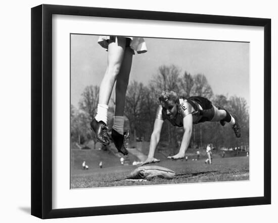 Ladies Softball Player Diving for Third Base, Atlanta, Georgia, 1955-null-Framed Photo