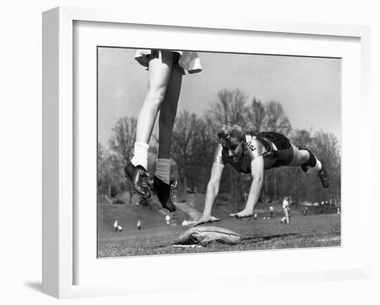 Ladies Softball Player Diving for Third Base, Atlanta, Georgia, 1955-null-Framed Photo