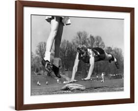 Ladies Softball Player Diving for Third Base, Atlanta, Georgia, 1955-null-Framed Photo