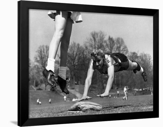 Ladies Softball Player Diving for Third Base, Atlanta, Georgia, 1955-null-Framed Photo